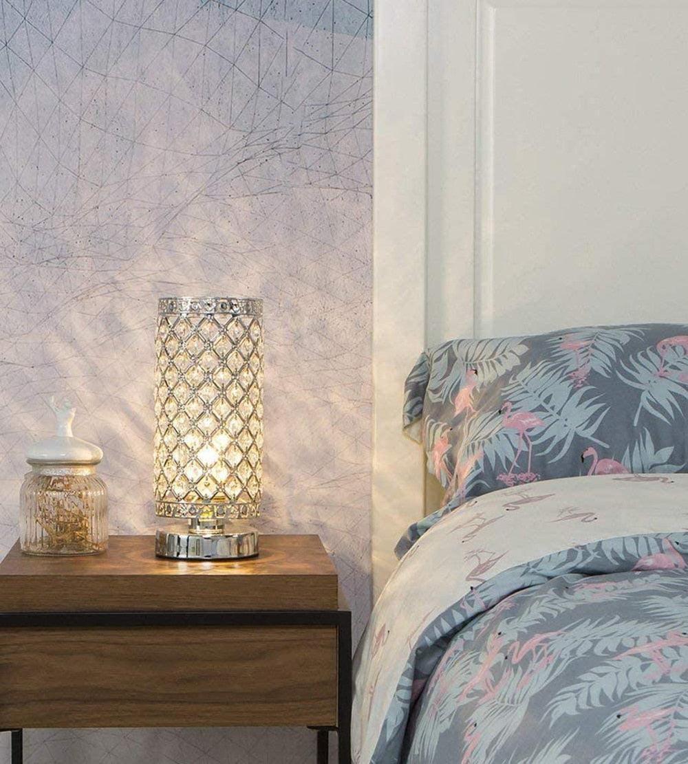 Crystal Bedside Table Lamp Sliver Bedroom Nightstand Light 220v/E27 Bulb Base Decorative Table Lamp Cute Study Lamps for Bedroom Décor Dresser Table Decoration